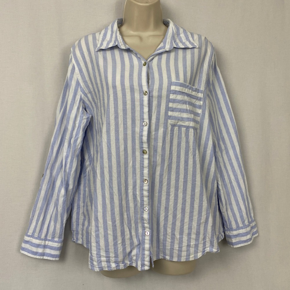 Nicole Miller Linen Button Up Top Womens L Blue White Stripe Roll Tab Sleeve